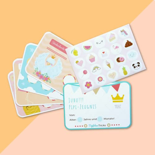 Belohnungssystem Mädchen - Töpfchentraining Kind - (10 Stickerkarten Doppelseitig, 120 Sticker und PIPI-Zeugnis) - Belohnungstafel für das Sauberkeitstraining - Belohnungstafel Trocken Werden