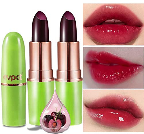 evpct 2Pcs Black Red Cherry Magic Mood Color Changing Lipstick Long Lasting 24 Hours Original for Women, PH Color Change Changing Jelly Lipstick Tinted Lip Balm Stain Gloss Makeup Set, labial magico