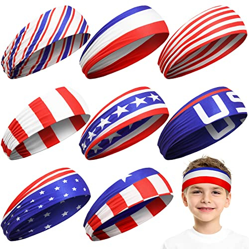 Sosation 8 Pcs 4th of July Headbands Kids Sports Headbands Boys Baseball American Flag Hair Band for Youth Players, USA Running Sweatbands for Independence Day