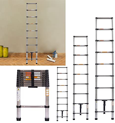 2.6m/8.5ft Heavy Duty Stainless Steel Telescoping Extendable Ladder - Multi Purpose Loft Garden Roof Stair Ladder with Safety Button, Adjustable Step