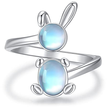 Mondstein Kaninchen Ring Silber 925 Hasen Ring Einstellbarer Offener Hasen Tier Schmuck für Mädchen Damen Kinder Weihnachten