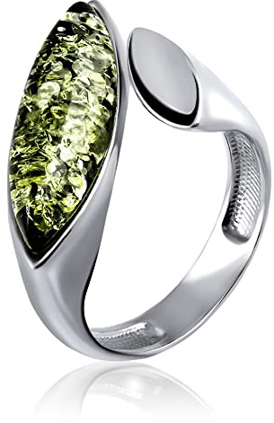 Anillo de ámbar báltico verde en plata de ley 925, anillo de plata de ley con ámbar verde, tamaño ajustable 17,5 – 18,5, 17.5, Plata de ley Ámbar verde Plata esterlina, Ámbar verde