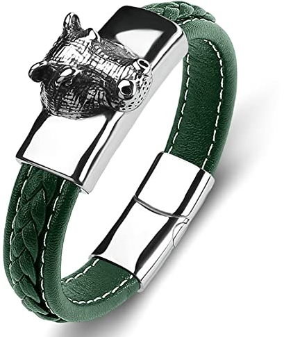 Ayoiow Männer Armband Indianer, Metall Armband Herren Armbänder Leder Grün Armband mit Rinderkopf