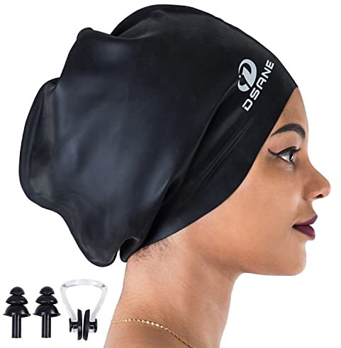 Dsane Extra Große Badekappe Damen Herren, Schwimmkappe Lange Haare mit Speziellem Design, Bademütze Badehaube für Lange Dickes Lockiges Haar und Dreadlocks-Zöpfe Afros Hält Ihr Haar Trocken(Schwarz)
