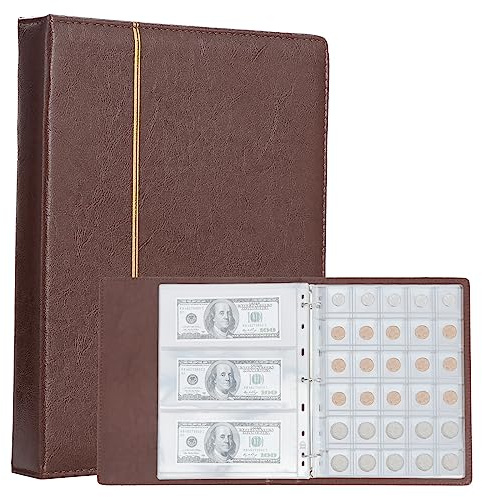 TsunNee Álbum de colección de monedas con 150 bolsillos,soporte para colección de monedas,álbum de almacenamiento de monedas con 24 bolsillos conmemorativos,Marrón Amarillento,30 x 24.5 x 4.5cm