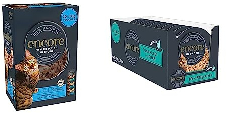 Encore 100% Natural Wet Cat Food, Fish Selection in Broth 50g Pouch (20 x 50g Pouches) & 100% Natural Wet Cat Food Pot, Succulent Tuna with Pacific Crab in Broth 60 g Pot (Pack of 10)