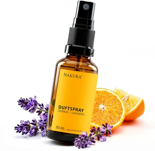NAKURA® Bio Raumspray Orange–Lavendel 30 ml – Duftspray mit ätherischen Ölen – Lufterfrischer & Kissenspray für Schlafzimmer, Wohnzimmer & Reise – 100% naturrein, ohne synthetische Duftstoffe