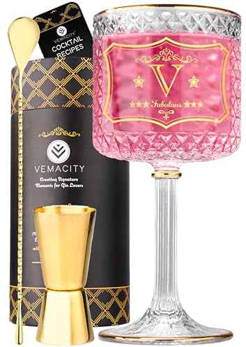 Vemacity Gin-Gläser-Set Personalisiert – Gin-Glas mit Gravur (V) | 3 Goldränder, Cocktail-Löffel & Jigger | Geschenkbox | Luxuriös Gewichtet | Ideal für Weihnachten und Neujahr