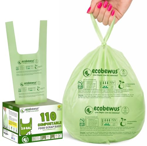 ECOBEWUS 2.6 Gallon 100% Compostable Bags Handle Tie (110 Bags) 9.84L Small Compost Trash Bags Food Scrap Garbage Bags US BPI Certified TUV OK Compost Home Certified Meeting ASTM D6400 (110 ct.)