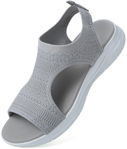 VTASQ sommar tvättbar Slingback ortopedisk rutschkana sportsandaler damer bekväma ortopediska sandaler för ventilerande sport stickade sandaler, mesh mjuk sula casual damskor, GRÅ, 38 EU