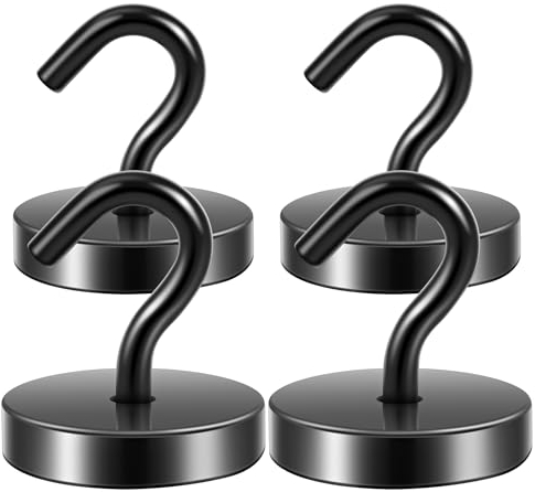Neosmuk Magnethaken, 47kg Extra Starke Magnetische Haken für Camping, Werkstatt, Spind, Kleiderhaken mit Neodym Magnet für Outdoor und Kreuzfahrt Zubehör, Schwarz,4er-Pack