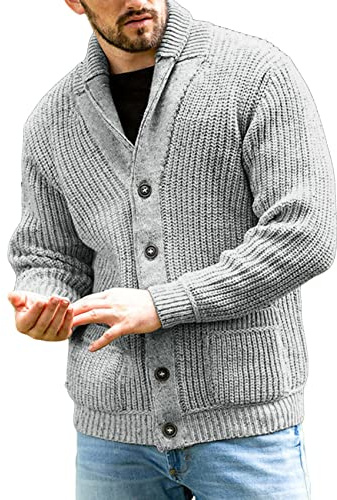 Runcati Chaqueta de punto grueso para hombre, informal, cuello chal, manga larga, con botones, jersey de punto, gris, M