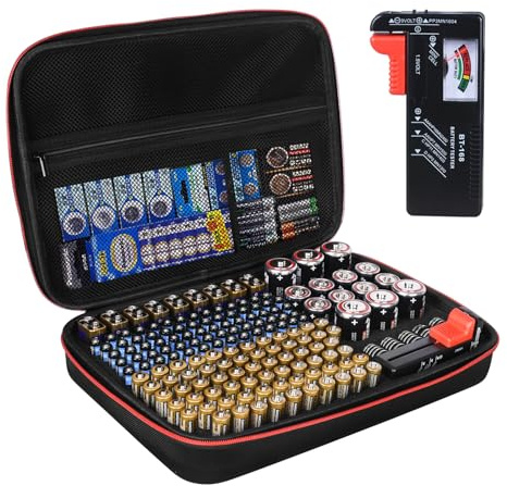 FDOUIGE Battery Organiser Storage Case with Tester Holds 200+ Batteries, Large Capacity Battery Holder Organizer Box Container Carry Case Bag Fit for Batteries AA AAA C D 9V (Batteries NOT Included)