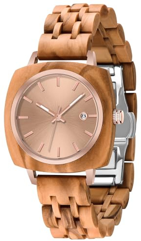Dentily Reloj de pulsera de madera natural para mujer, hecho a mano, de cuarzo, deportivo, único, rosa y dorado