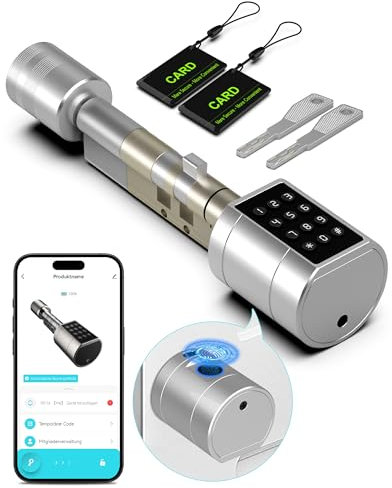 Eseesmart Türschloss Fingerabdruck, Fingerabdruck Schloss mit Zahlencode RFID Schlüssel APP, Elektrisches Smart Türschloss SchließZylinde Einstellbare Länge für 75-100mm Tür