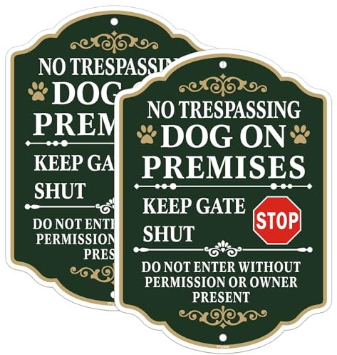 Phyabe No Trespassing Dog On Premises Keep Gate Shut Do Not Enter Sign | 2 Pack 25 x 18 cm Rust Free Aluminum Beware of Dog Sign, Weather Resistant, Waterproof, Durable Ink, Easy to Install