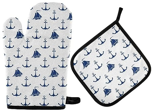 Vikeiac Ofenhandschuhe, maritimes Segelschiff, Topflappen, Ofenhandschuh, heiße Pads, Kochen, Küche, hitzebeständig, heiße Pads für Mikrowelle, Grillen, Grillen, Blau
