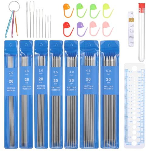 57 Stück Stricknadeln Set, 20 cm Edelstahl Stricknadel, Maschenmarkierer, Häkeln, Weiches Lineal, Nadel mit Großem Öhr, Büroklammer, Herrscher, Stricknadeln für Socken, Anfänger, Kleine Projekte