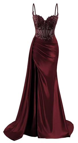 HPPEE - Vestidos de graduación con tirantes de satén para mujer, con abertura, encaje, aplicación de sirena, vestido formal de fiesta, granate, 34