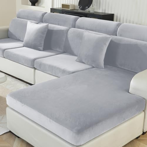 Ystyle Funda Asiento Sofa Elástico Terciopelo, Funda Cojin Sofa Ajustable Separado, Universal Cubierta Protectora Funda De Cojín, Antideslizante Antimanchas (Chaise Longue, Gris Plata)