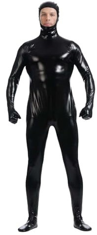 Lackleder Catsuit Herren Langarm,Latex Bodysuit Offenes Gesicht Herren|Ganzkörper Gummi Kleidung Männer Erotik Enge Passform Jumpsuit PVC Lack Outfit Performance für Faschingskostüme Karneval Kostüm
