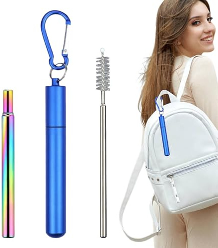 Cannucce riutilizzabili con custodia, cannuccia pieghevole | Set di cannucce telescopiche portatili,cannucce in metallo riutilizzabili con 1 custodia, 1 spazzola di pulizia, 1 portachiavi, accessori
