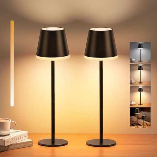 NIBSHOOM Lámpara de Mesa sin Cable,5200mAh Brillo Ajustable Lámpara Inalámbrica con 3 Temperaturas de Color,Altura Ajustable & IP54 Lámpara de Mesa LED para Restaurante,Dormitorio,Camping-2 piezas