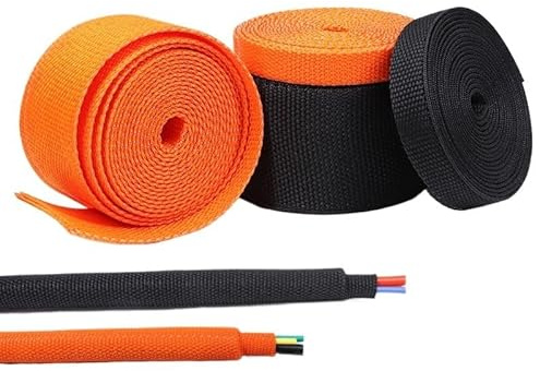 Cord Protector Wire,Cable Management Sleeve, Heat Shrink Braided Cable Sleeve 20-100mm Insulation Flam Retardant Wire Wrap Sheath Protection PET Auto Line Organizer(Orange,INNER DIAMETER 50MM_10 METER