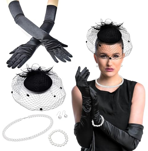 JNYUTEEN Fascinator Hut, 5 Stück Damen Fascinatoren Hüte, Schwarz Schleier Hut Kopfschmuck Handschuhe für Hochzeits Karneval Cocktail Hochzeit Tee-Party Feier