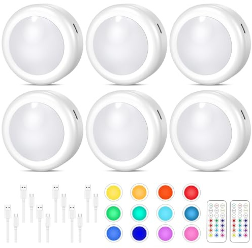 Cadrim 13 Farben RGB Schrankleuchten，6pcs LED RGB Spots Batteriebetrieben mit Fernbedienung, Kabellos Schrankleuchten mit Akku, vitrinenbeleuchtung led Touch Lampe für Schränke, Kleiderschrank (6)