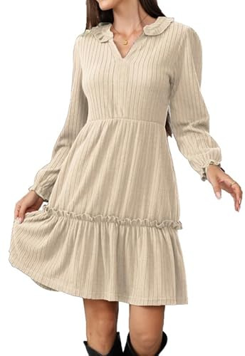Alaster Queen Damen HerbstKleid Elegant Festlich Winter Herbst Kleid v Ausschnitt Langarm kurz Strickkleid Blusenkleid Partykleid Vokuhila Mit Taschen Autumn Dress，Beige，S