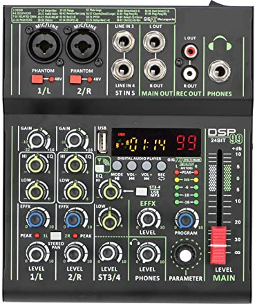 DJ Mixer Controller Mini 4 Channel Audio Mixer Individual +48V Phantom Power 99 DSP Effects Bluetooth USB Computer Play Record Mixing Console AM-AX3 for Streaming/Podcasting/Gaming, Phone, Computer