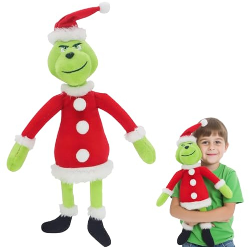 SKIKHN Plüschtier Grinch Weihnachten, 32cm Weihnachtsmuffel Kuscheltier, Santa Grin Hunde Plüsch Puppe mit Weihnachtsmütze, Weihnachtself Geschenk für Kinder Xmas Dekoration, Haus Dekoration