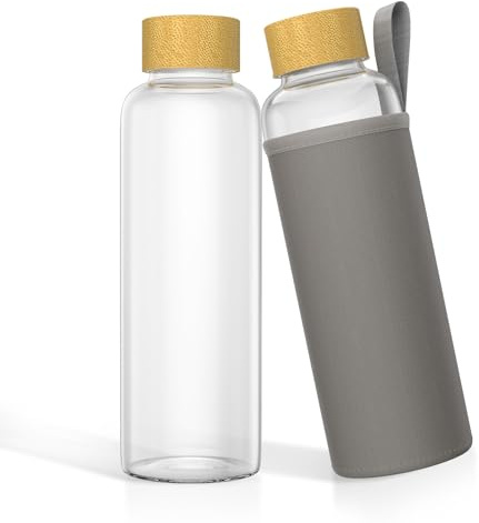 HENGMEI Glasflaschen mit Deckel 550ml Trinkflasche aus Glas Borosilikat Bottle Luftdicht Glaswasserflasche Mit Schutzbezug Glastrinkflasche Saftflaschen (Bambusdeckel, Grau)