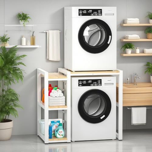 Waschmaschine Und Trockner Aufbewahrungsregal, Regal Waschmaschine Überbau Toplader Mit Seitlichen Ablagen, Höhenverstellbar, Für Badezimmer Küche Balkon Waschküche(White)