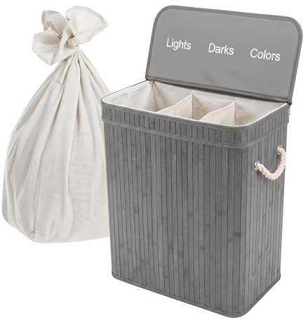 Relaxdays Tvättkorg med lock, 3 fack, bambu, 105 l, vikbar, H x B x D: 63 x 52 x 32 cm, tvättsorteringssystem, grå