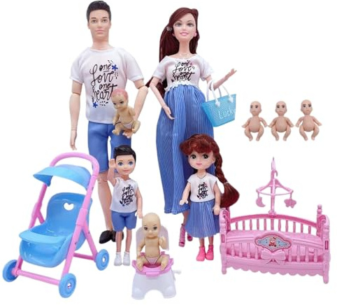 BEAHING Family Doll Set Safe Pregnant Doll Set with Dad 3 Kids 5 People with Dollhouse Accessories Pretend Play Toy for Kids