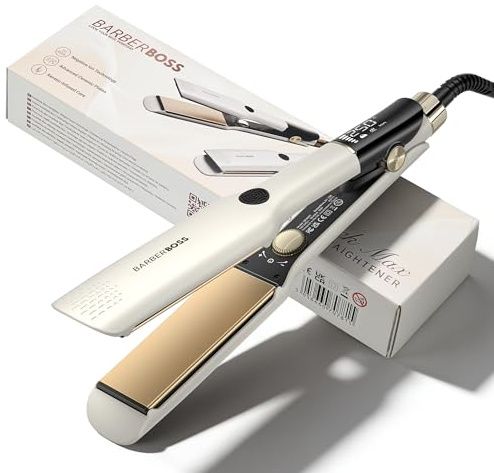 BarberBoss Hair Straighteners for Women, Wide Plate Ceramic Hair Straightener for Thick Hair, Negative Ion & Keratin Technology, 14 Heat Settings, Dual Voltage Flat Iron for Straightening, QR-8421 | Wide Floating Ceramic Plates, Negative Ion & Keratin Infusion, For Thick Hair, 14 Heat Levels, Dual Voltage