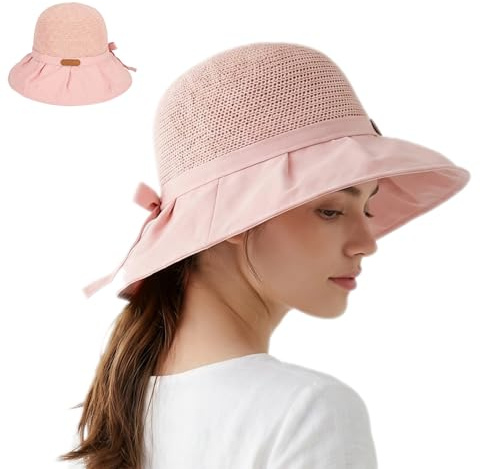 ZJEEACO Sun Hats for Women UK, Bucket Sun Hat with Wide Brim, Women's Sunhats for Camping, Comfortable and Versatile Ladies Sunhat with Bowknot, Summer Packable Hats for Women Outdoor UV Protection