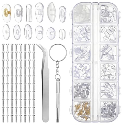 WJIAAA Brillen Nasenpads Silikon Set, 60 Paar 12 Styles Silikon Brille Reparatur set mit Schraubendreher Pinzette Schrauben