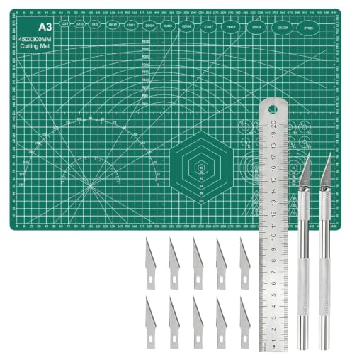 14Pcs A3 Self-Healing Cutting Mat with Ruler Set, 3mm Thick Professional Double-Sided Craft Mat, Non-Slip PVC Cutting Board with Precise Grid Lines for Sewing, Quilting, Scrapbooking & DIY Art