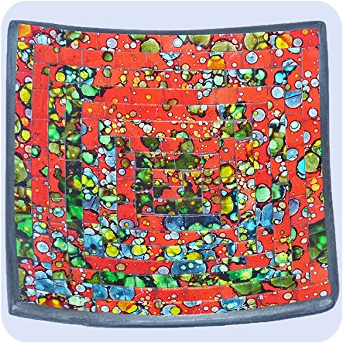 Simandra Plat mosaïque de Verre Bol d'argile, Assiette Fait Main en Bali Artisanat décoration de la Maison Multicolore -carré coloré- 25x7 cm Color Rouge