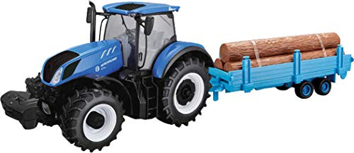 TOBAR B18-44068 - Trattore New Holland T7HD con rimorchio per Legna, Scala 1:32, Colore: Blu
