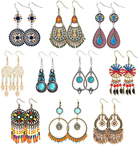 LOLIAS 10 par Vintage Boho Örhängen Set Örhängen för kvinnor etniska Bohemiska Hängen Brons Turkos Cirkel Örhängen Tofs Drömfångare Blank Drömfångare Örhängen Tom Hängsmycke Set för kvinnor, Turkos