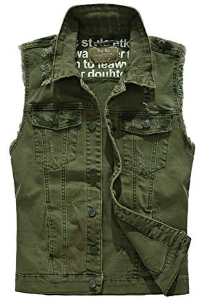 HONGBI Chaleco Vaquero Chaleco de Mezclilla para Hombre,Chaleco de Chaqueta Casual al Aire Libre de Gran Tamaño Denim Chaqueta Slim Fit Jeans Vest,de Sin Manga,Retro Rasgada Chaleco Motero Verde XXL
