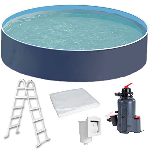 FM-SOLAR Azuro Deluxe - Piscina con parete in acciaio, Ø 460 x 120 cm, colore: Antracite con scala, skimmer, filtro a sabbia, base
