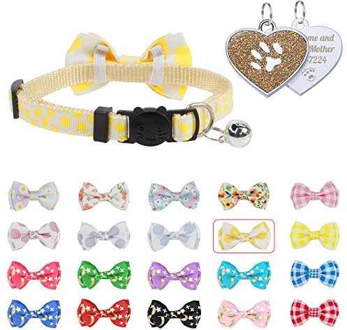Uiopa Katzenhalsband mit Namen, mit Glöckchen und Fliege, Sicherheitsverschluss und Namensanhänger Herz, Verstellbare Halsband Katze Personalisiert für Katzen und Welpen