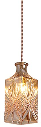 USMJQVZ Lampadari A Sospensione con Bottiglia di Vino Intagliata Lampada A Sospensione con Paralume in Vetro Ambra con Catena per Cucina, Sala da Pranzo, Corridoio