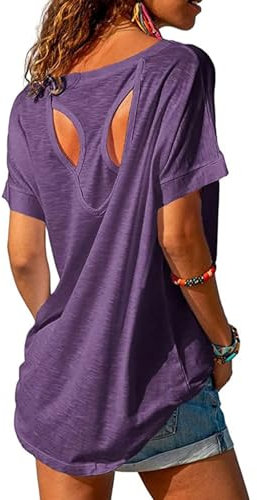 Fisoew Women's Sport T-Shirt Open Back Short Sleeve Fitness Yoga Tee Shirts Workout Gym Athlete Tops Loose Fit(Purple,M)