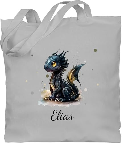 Geschenk mit Namen personalisiert by Shirtracer - Baumwolltasche - Süßer Kleiner Drache mit Namen I Nachtdrache I Dragon I Drachen I Drachenzähmen